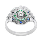 1.55 ctw Art Deco Emerald, Blue Sapphire & Diamond 18K White Gold Floral Halo Ring