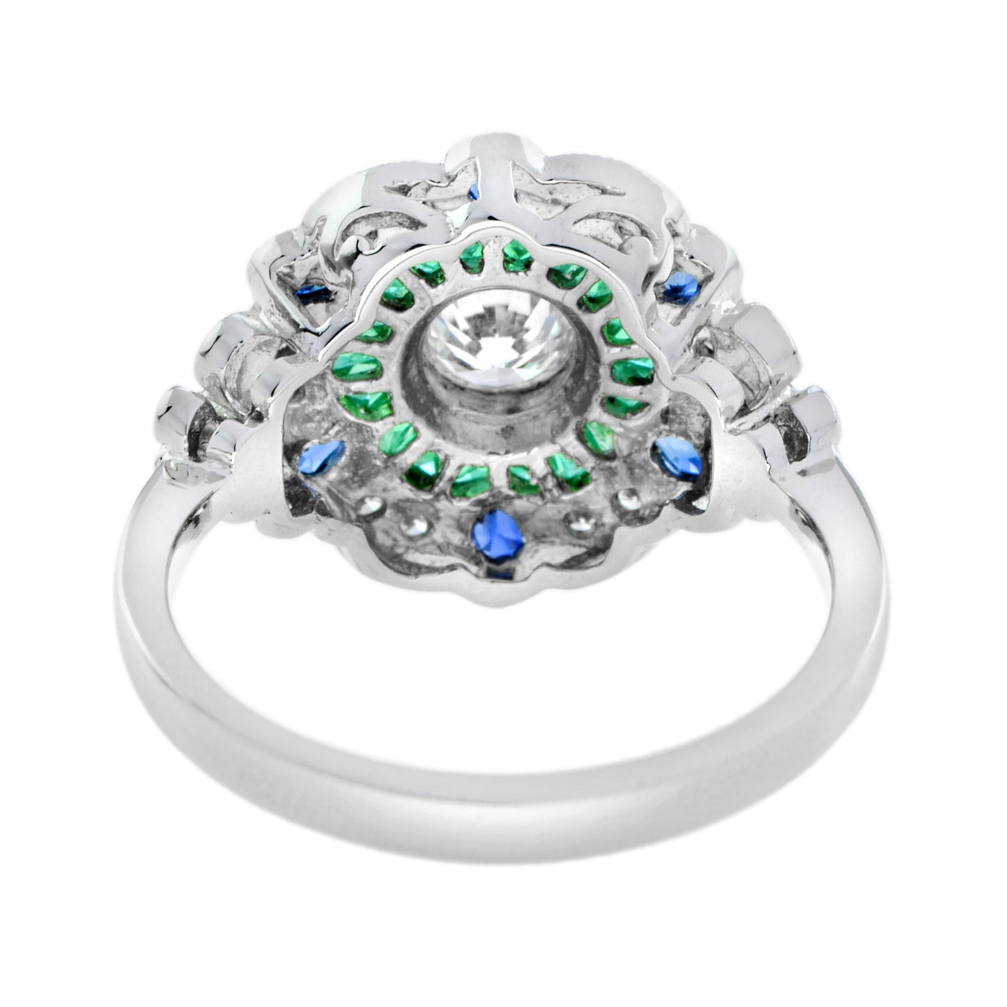 diamond & emerald blue sapphire art deco style floral halo white gold ring