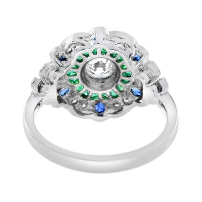 Diamond & Emerald Blue Sapphire Art Deco Style Floral Halo White Gold Ring