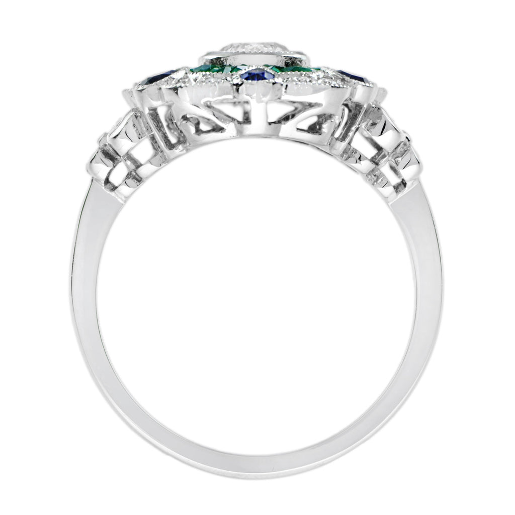 1.55 ctw Art Deco Emerald, Blue Sapphire & Diamond 18K White Gold Floral Halo Ring