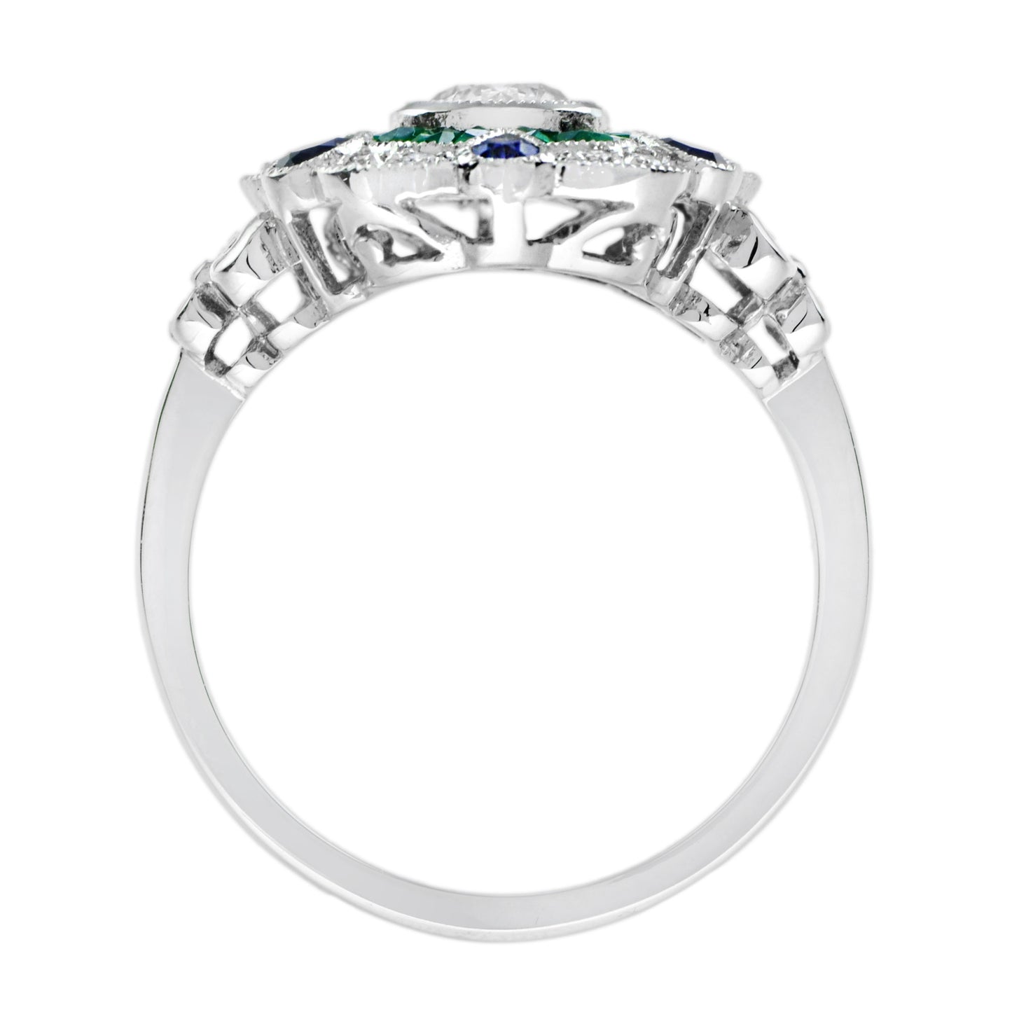 diamond & emerald blue sapphire art deco style floral halo white gold ring