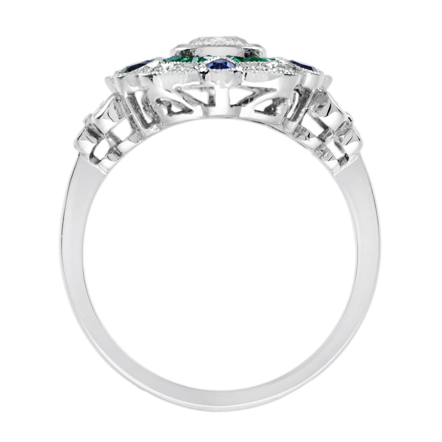 Diamond &amp; Emerald Blue Sapphire Art Deco Style Floral Halo White Gold Ring