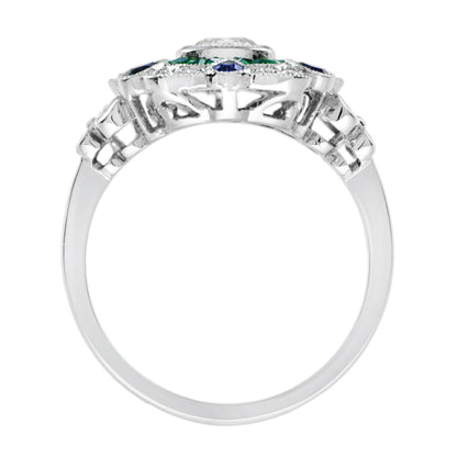Diamond & Emerald Blue Sapphire Art Deco Style Floral Halo White Gold Ring