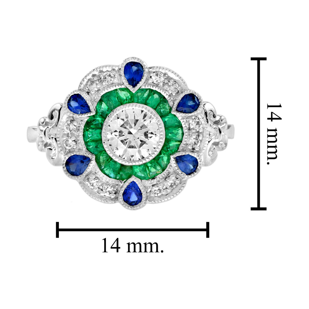 Diamond & Emerald Blue Sapphire Art Deco Style Floral Halo White Gold Ring