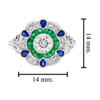 Diamond & Emerald Blue Sapphire Art Deco Style Floral Halo White Gold Ring