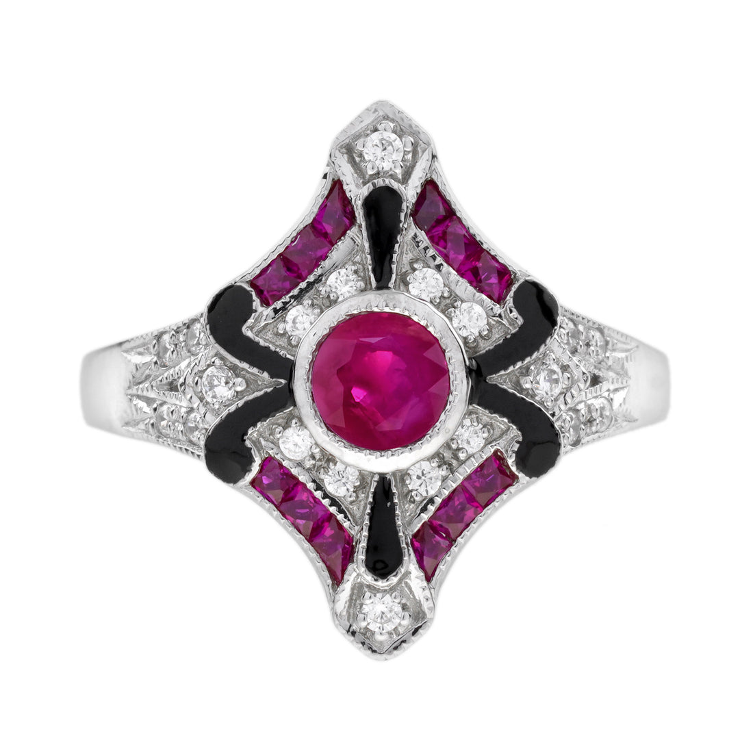 Diamond &amp; Ruby Enamel Art Deco Style White Gold Ring