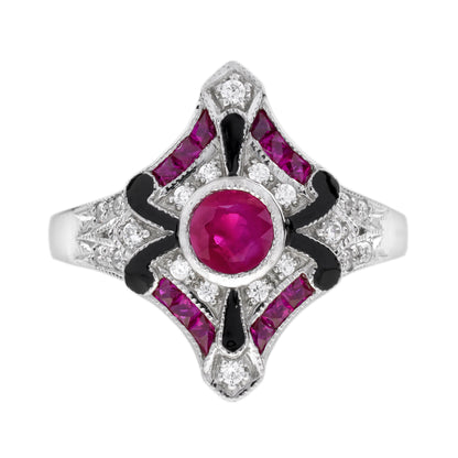 Diamond &amp; Ruby Enamel Art Deco Style White Gold Ring