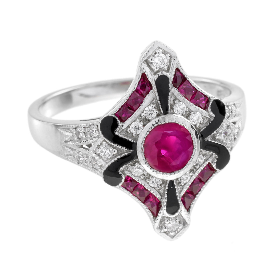 Diamond &amp; Ruby Enamel Art Deco Style White Gold Ring