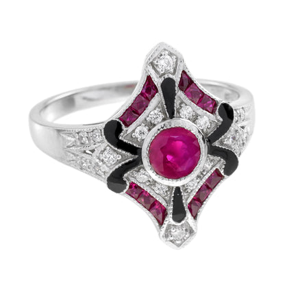 Diamond &amp; Ruby Enamel Art Deco Style White Gold Ring