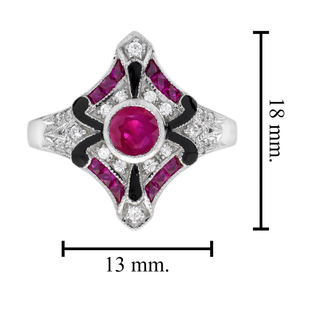 Diamond & Ruby Enamel Art Deco Style White Gold Ring