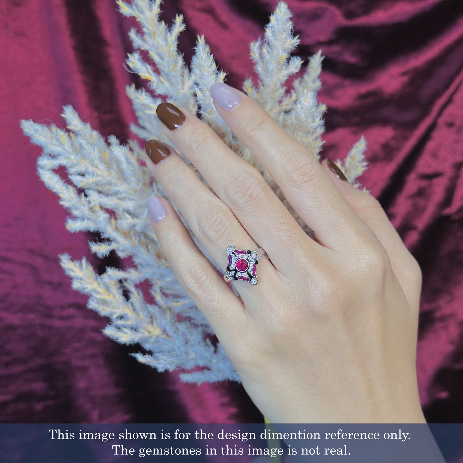 Diamond &amp; Ruby Enamel Art Deco Style White Gold Ring