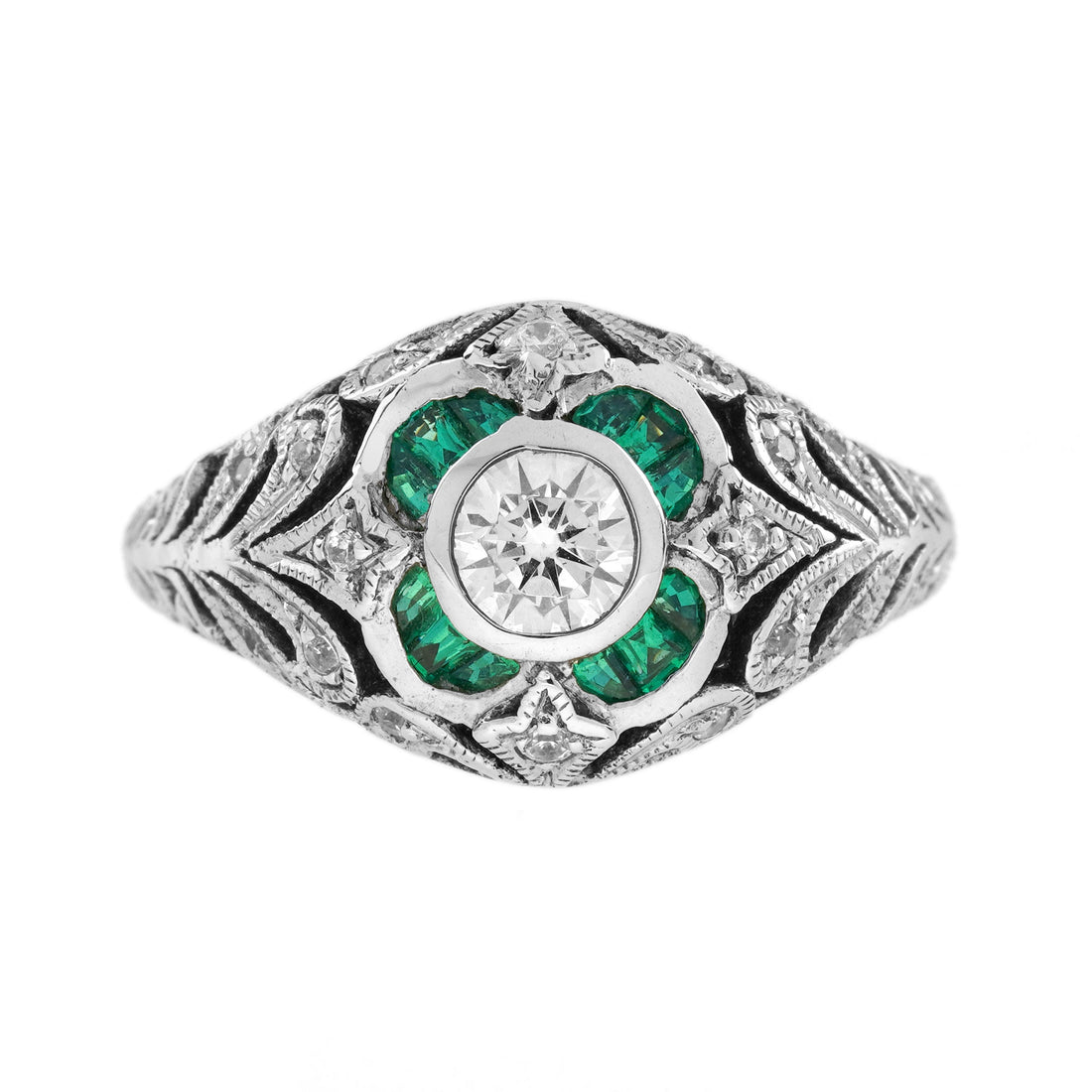 Round Diamond & Emerald Edwardian Style Floral Engraved 14K White Gold Ring