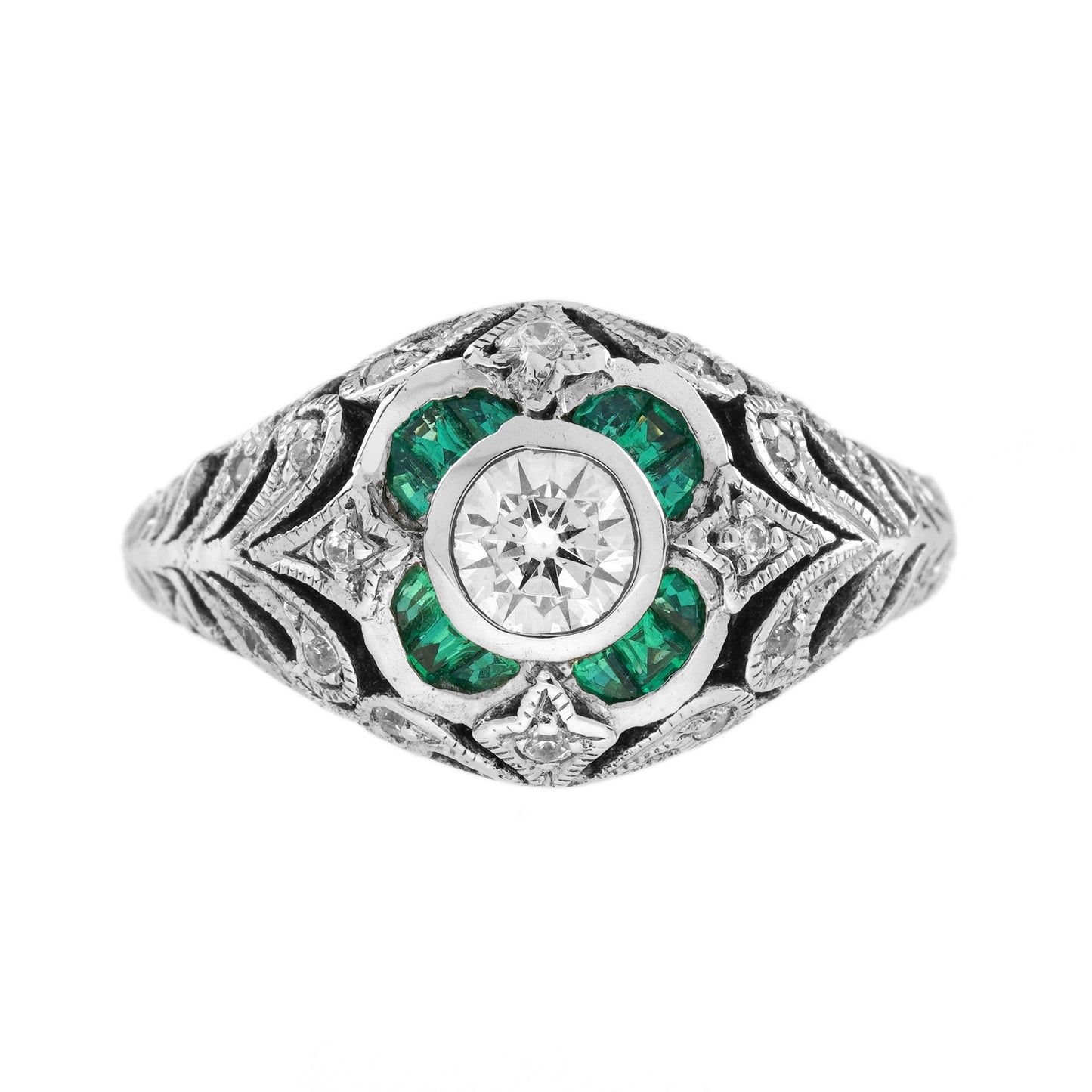 round diamond & emerald edwardian style floral engraved 14k white gold ring