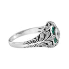 Round Diamond & Emerald Edwardian Style Floral Engraved 14K White Gold Ring