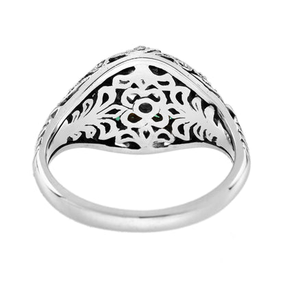 Round Diamond & Emerald Edwardian Style Floral Engraved 14K White Gold Ring