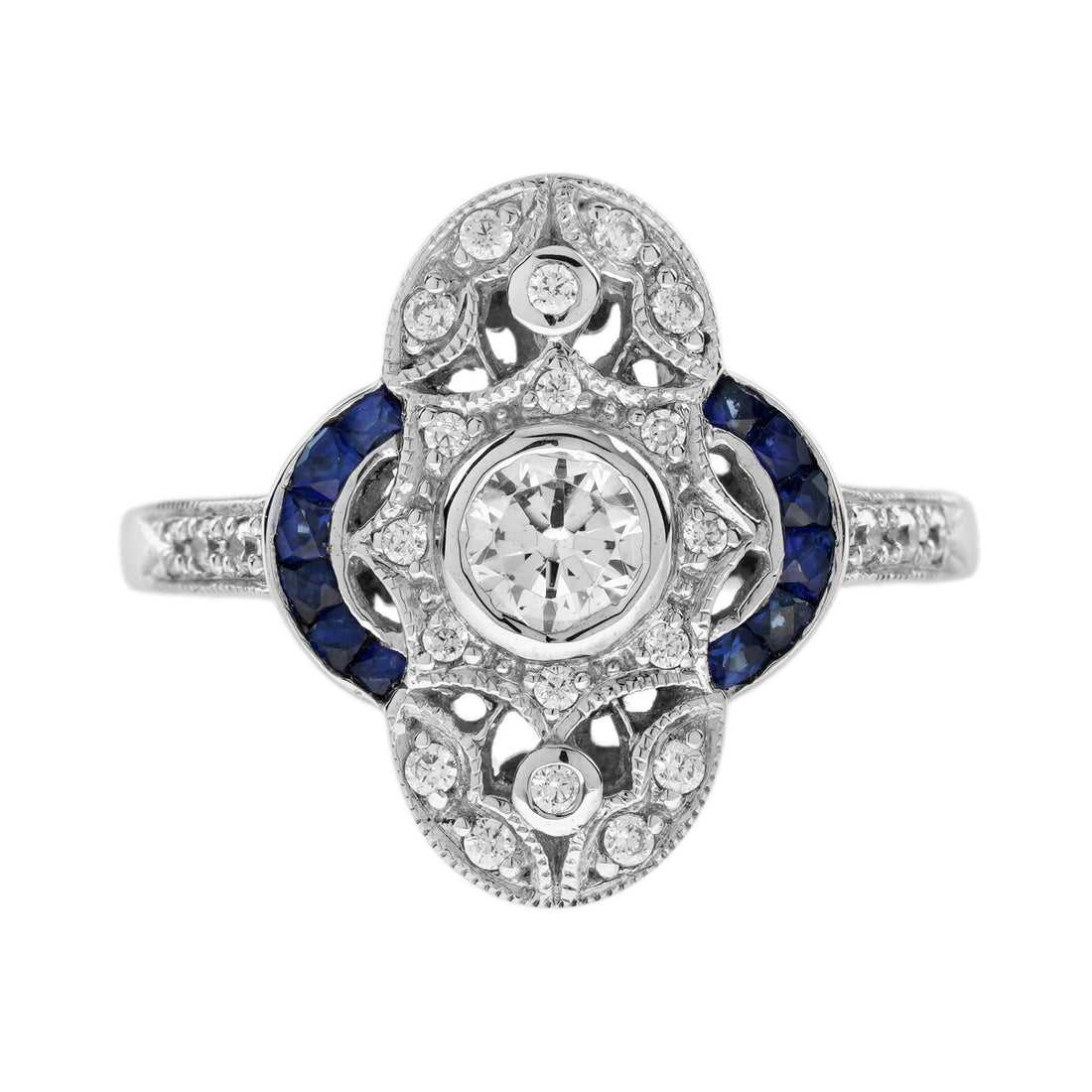 Diamond &amp; Blue Sapphire Edwardian Style Cluster 14K White Gold Ring