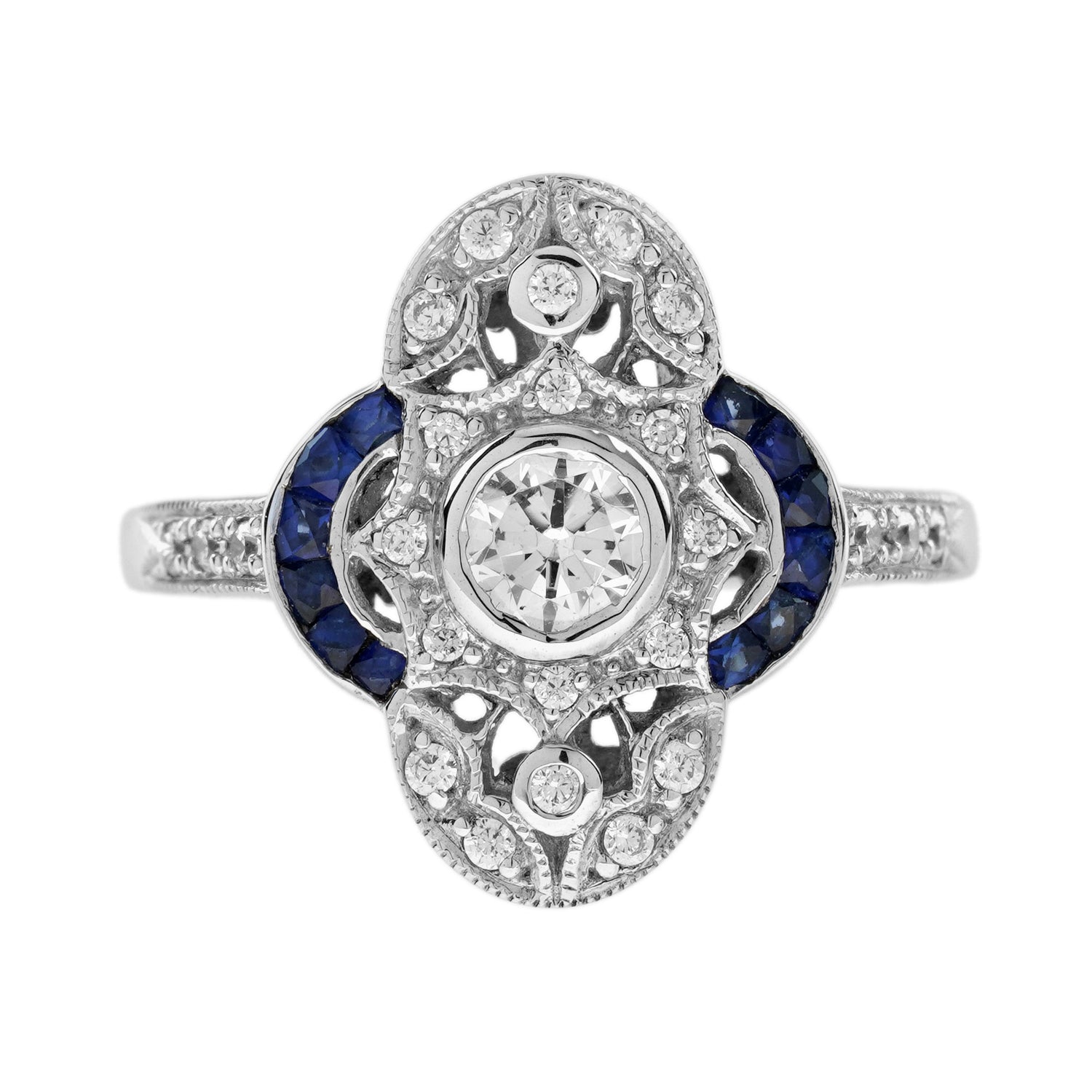 Diamond &amp; Blue Sapphire Edwardian Style Cluster 14K White Gold Ring