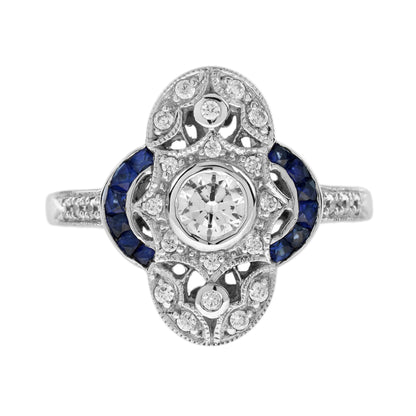 Diamond &amp; Blue Sapphire Edwardian Style Cluster 14K White Gold Ring