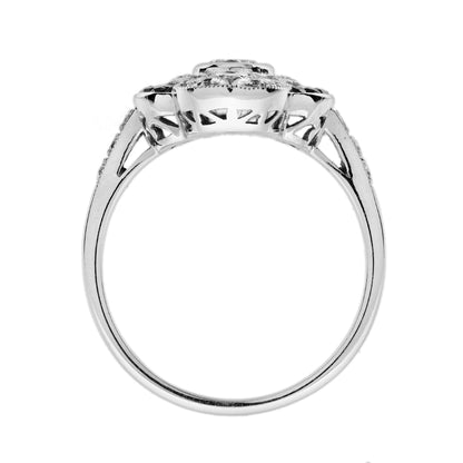 Diamond &amp; Blue Sapphire Edwardian Style Cluster 14K White Gold Ring