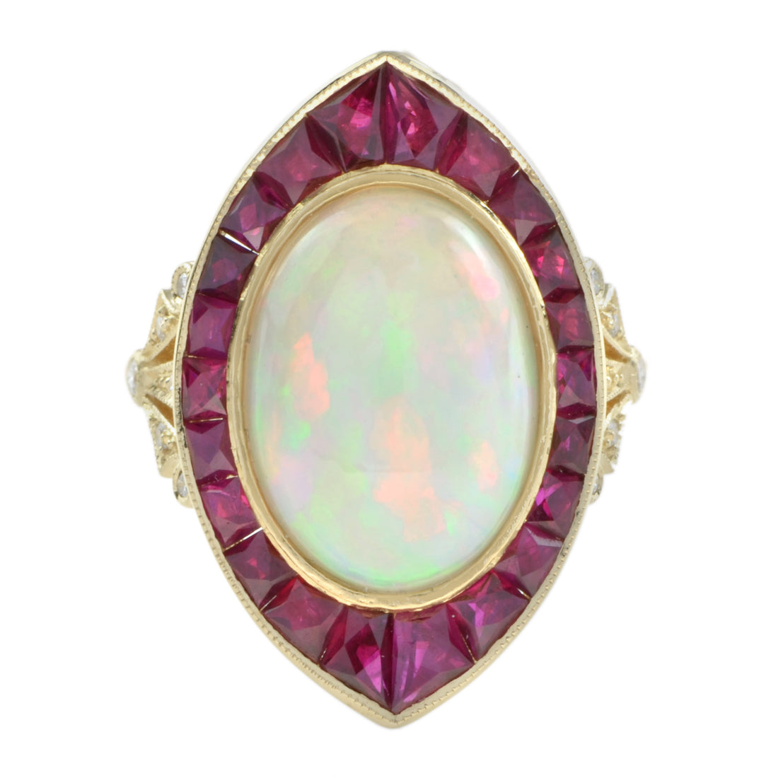 Art Deco Style White Ethiopian Opal & Ruby Halo Set Cocktail 18K Gold Ring