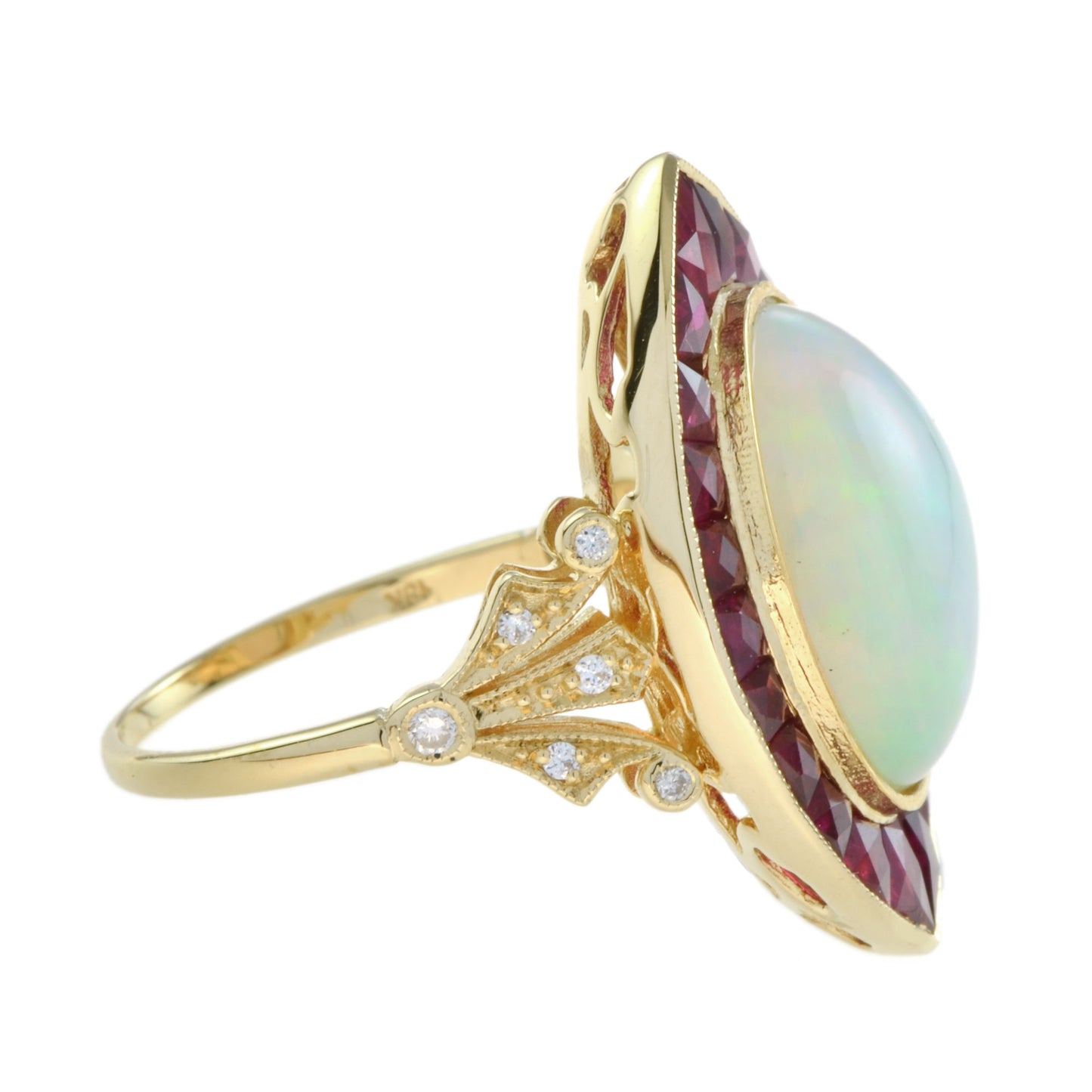 art deco style white ethiopian opal & ruby halo set cocktail 18k gold ring