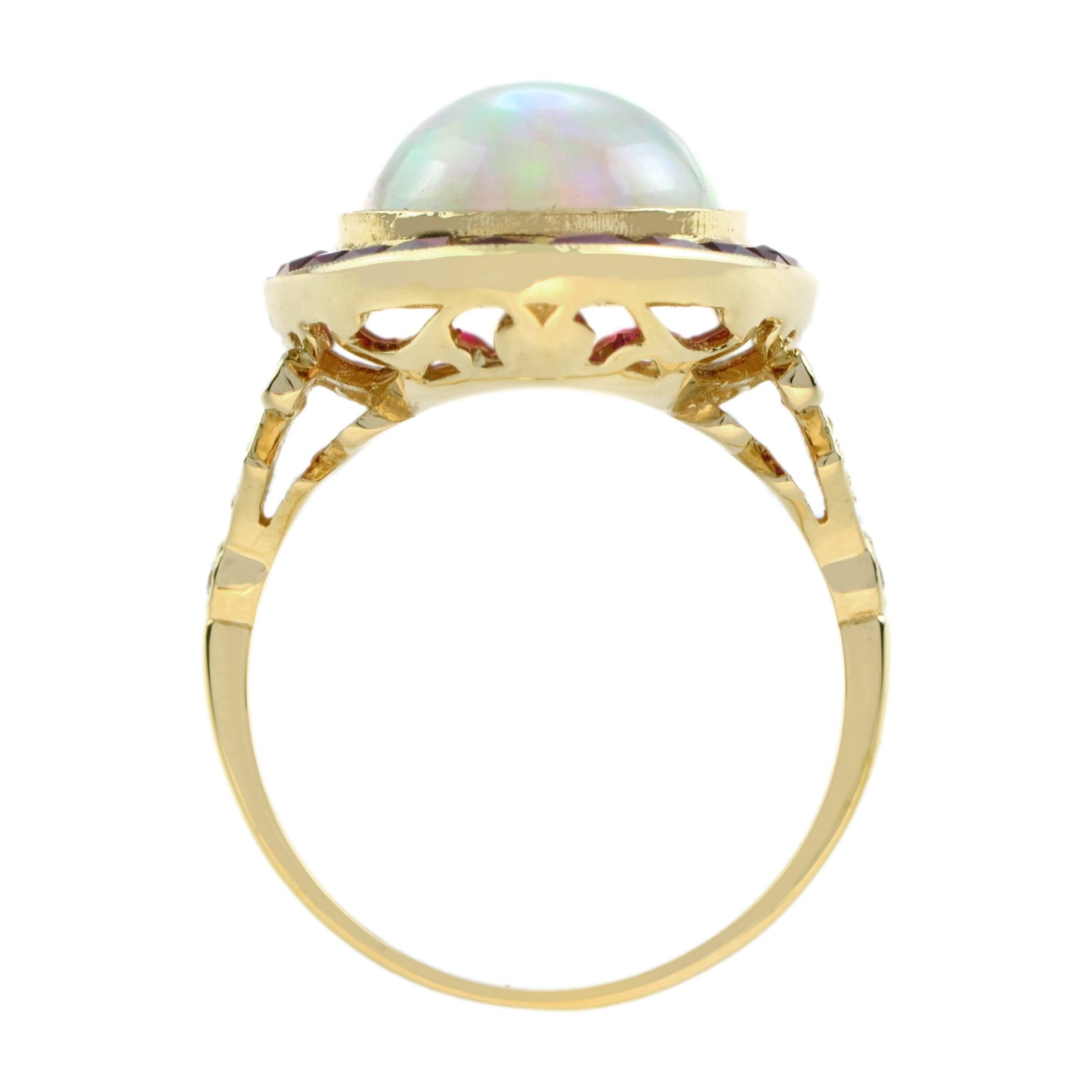 art deco style white ethiopian opal & ruby halo set cocktail 18k gold ring