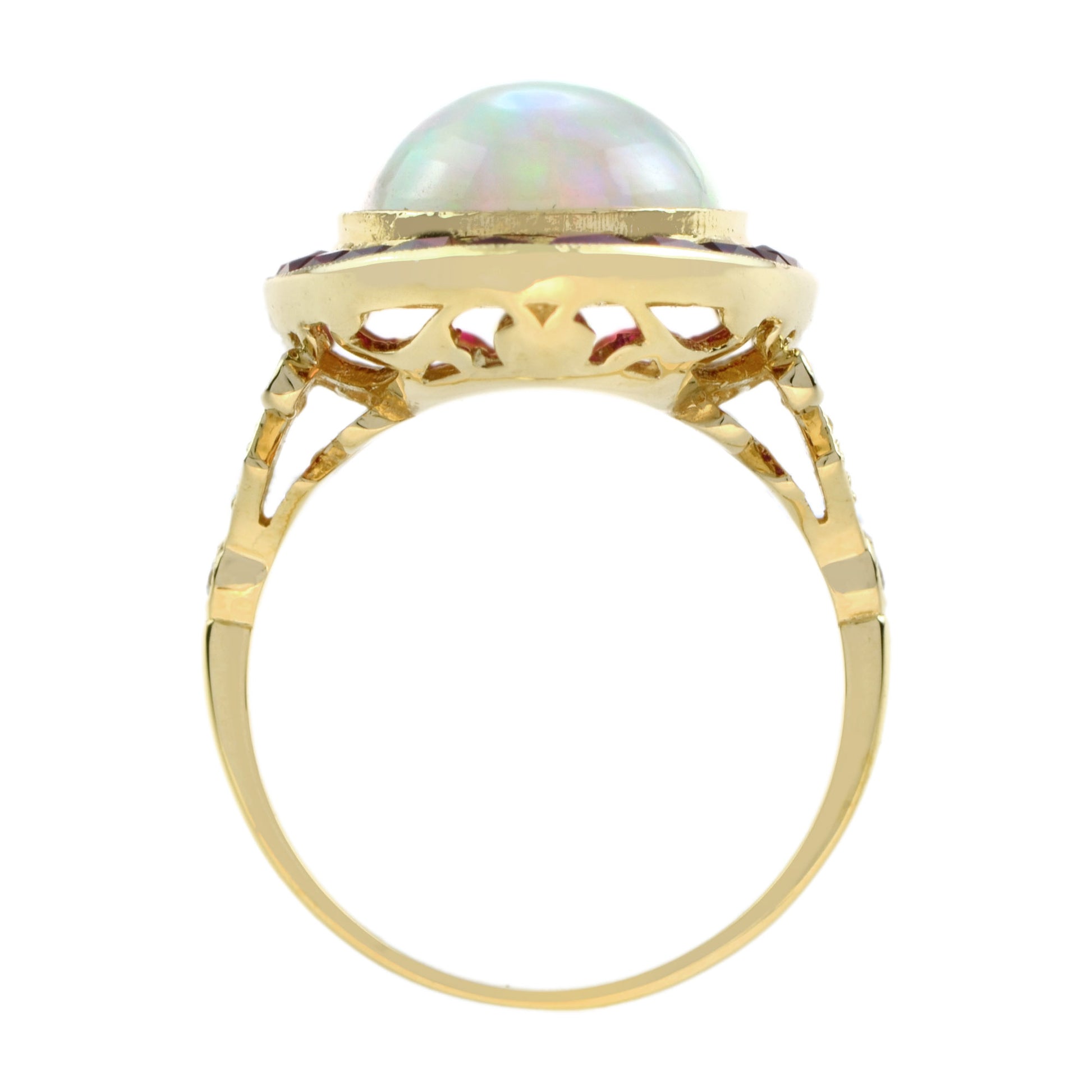 Art Deco Style White Ethiopian Opal & Ruby Halo Set Cocktail 18K Gold Ring