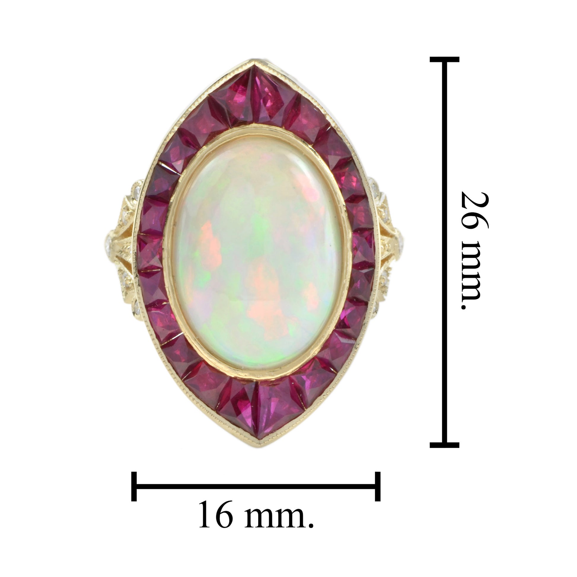 Art Deco Style White Ethiopian Opal & Ruby Halo Set Cocktail 18K Gold Ring