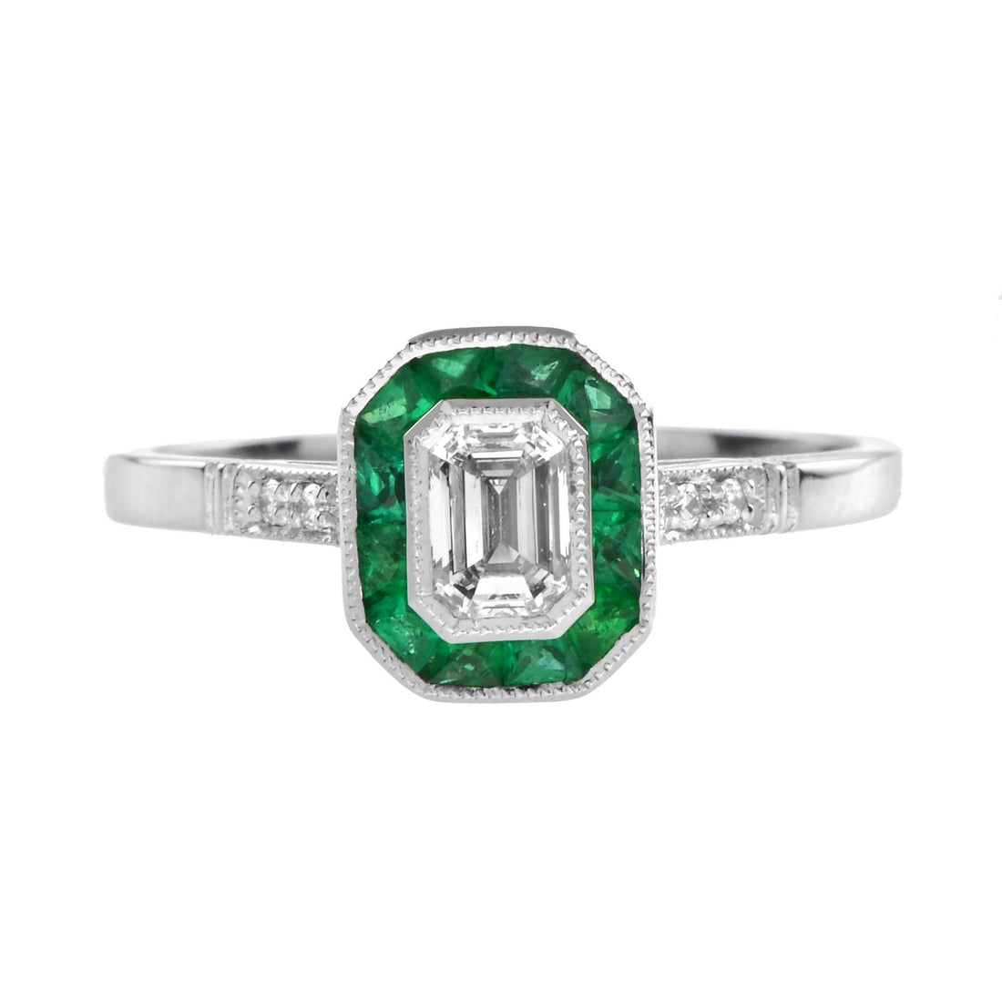Emerald Cut Diamond & Emerald Art Deco Style Engagement 14K White Gold Ring
