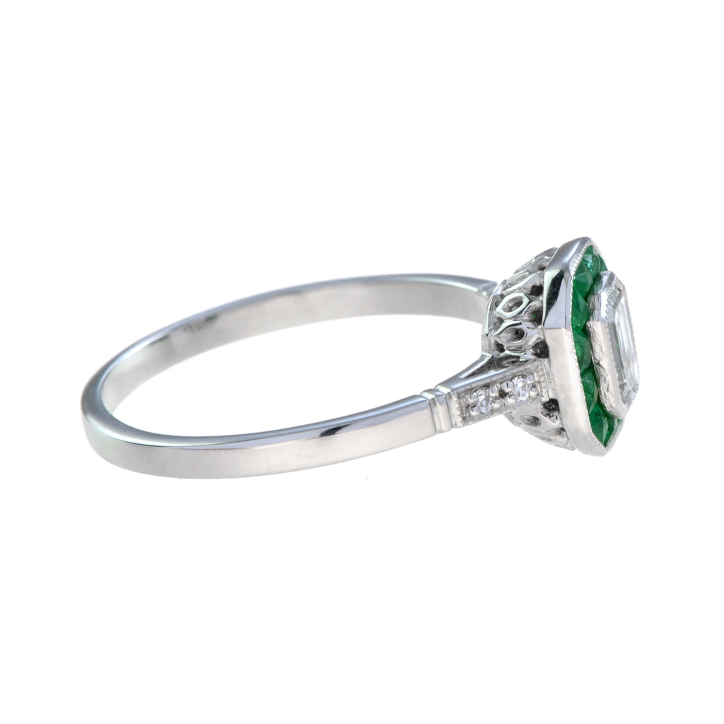 Emerald Cut Diamond & Emerald Art Deco Style Engagement 14K White Gold Ring