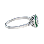 Emerald Cut Diamond & Emerald Art Deco Style Engagement 14K White Gold Ring