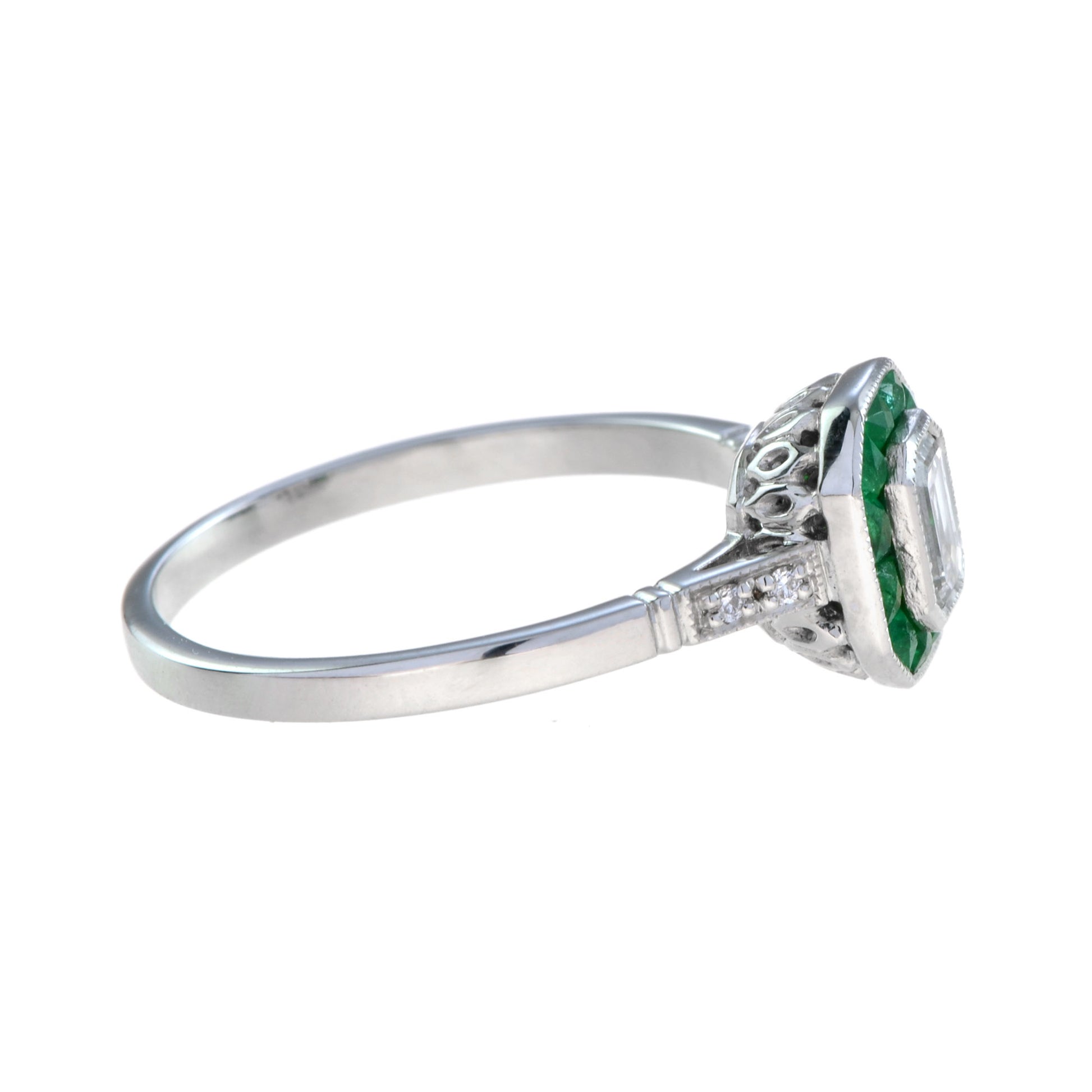 Emerald Cut Diamond & Emerald Art Deco Style Engagement 14K White Gold Ring