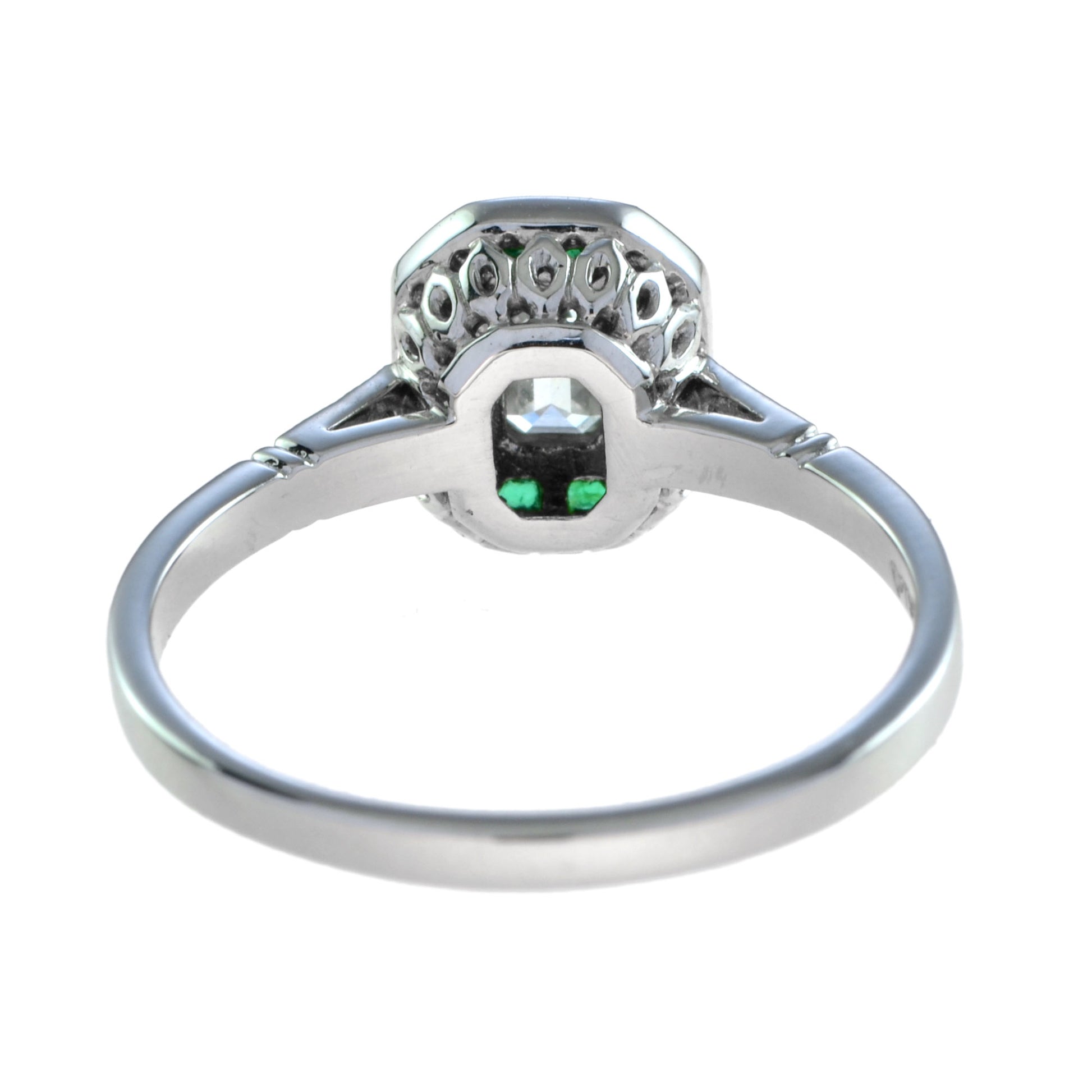 Emerald Cut Diamond & Emerald Art Deco Style Engagement 14K White Gold Ring