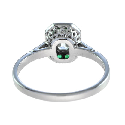 Emerald Cut Diamond & Emerald Art Deco Style Engagement 14K White Gold Ring