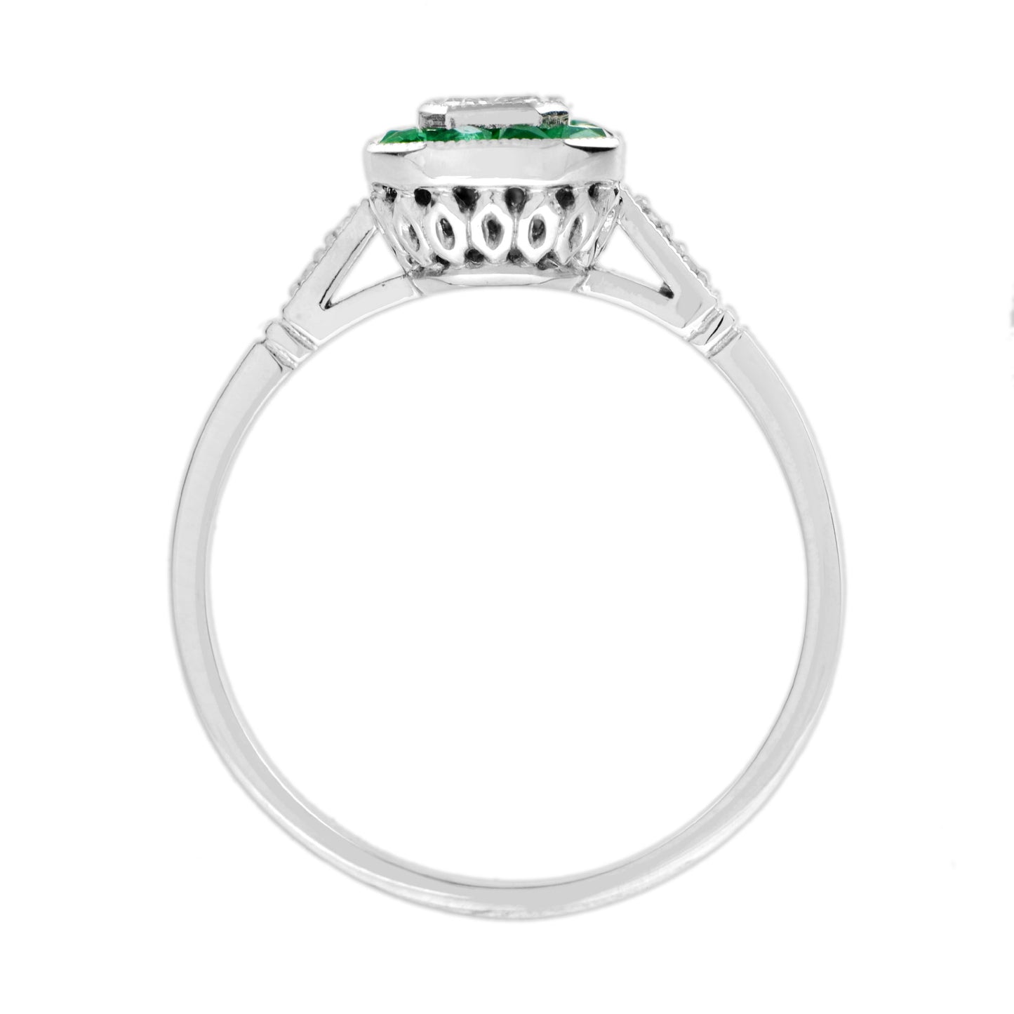 emerald cut diamond & emerald art deco style engagement 14k white gold ring