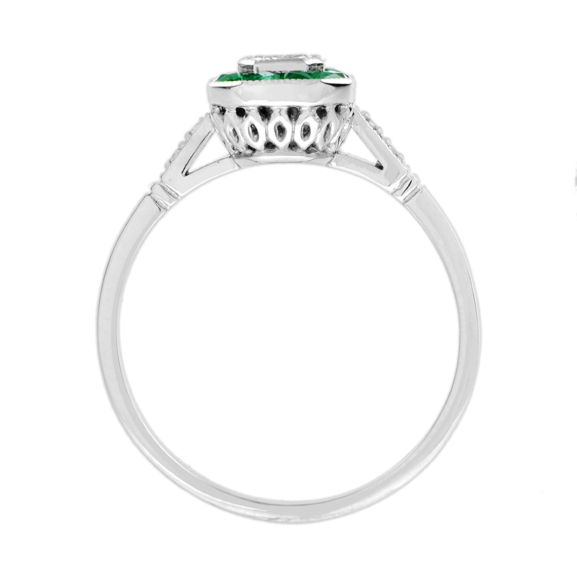 Emerald Cut Diamond & Emerald Art Deco Style Engagement 14K White Gold Ring