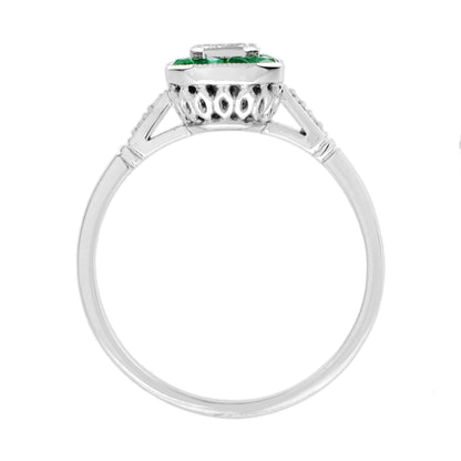 Emerald Cut Diamond & Emerald Art Deco Style Engagement 14K White Gold Ring