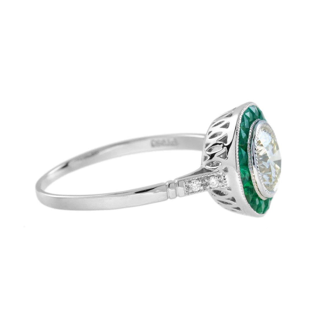 Certified Diamond &amp; Green Emerald Fancy Art Deco Style Halo Set Platinum Ring