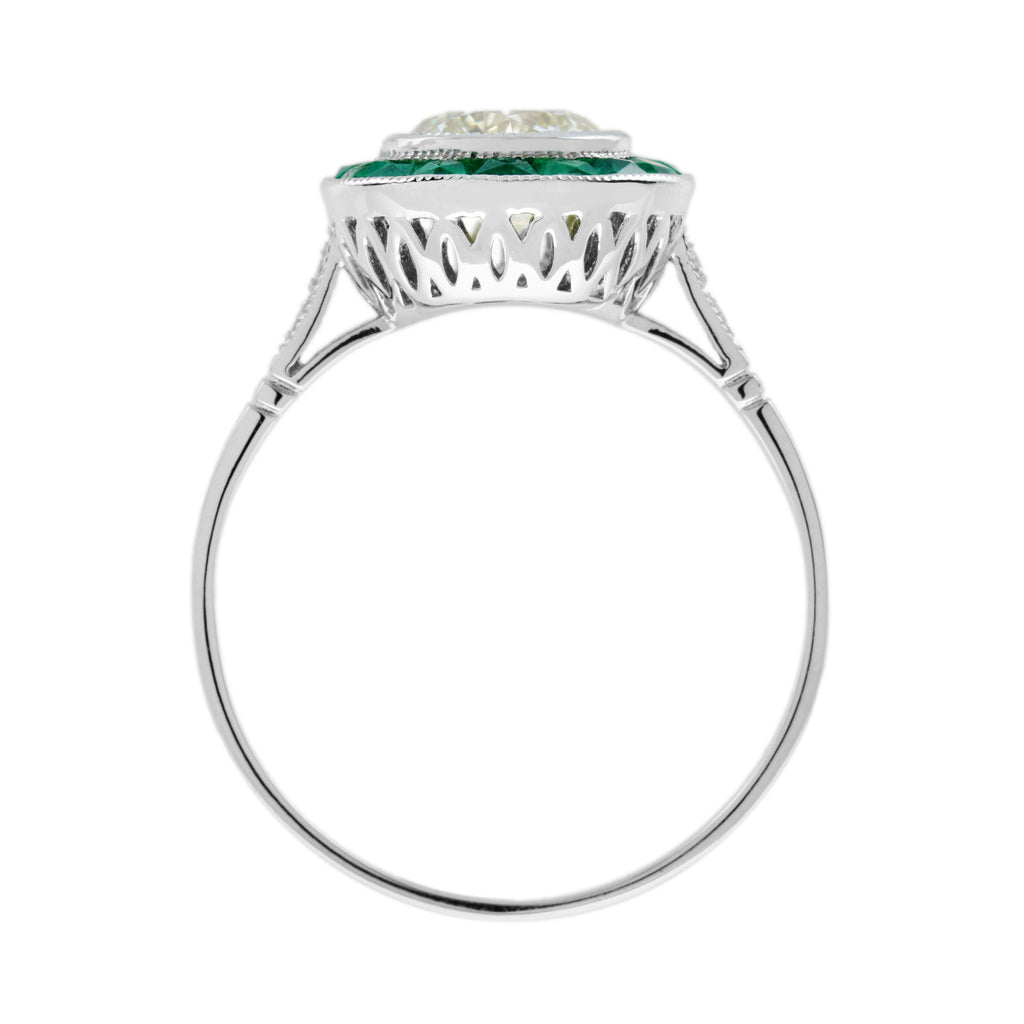 Certified Diamond & Green Emerald Fancy Art Deco Style Halo Set Platinum Ring