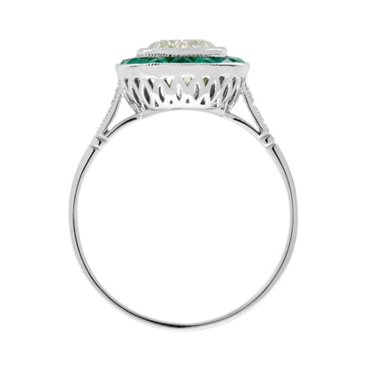 Certified Diamond &amp; Green Emerald Fancy Art Deco Style Halo Set Platinum Ring