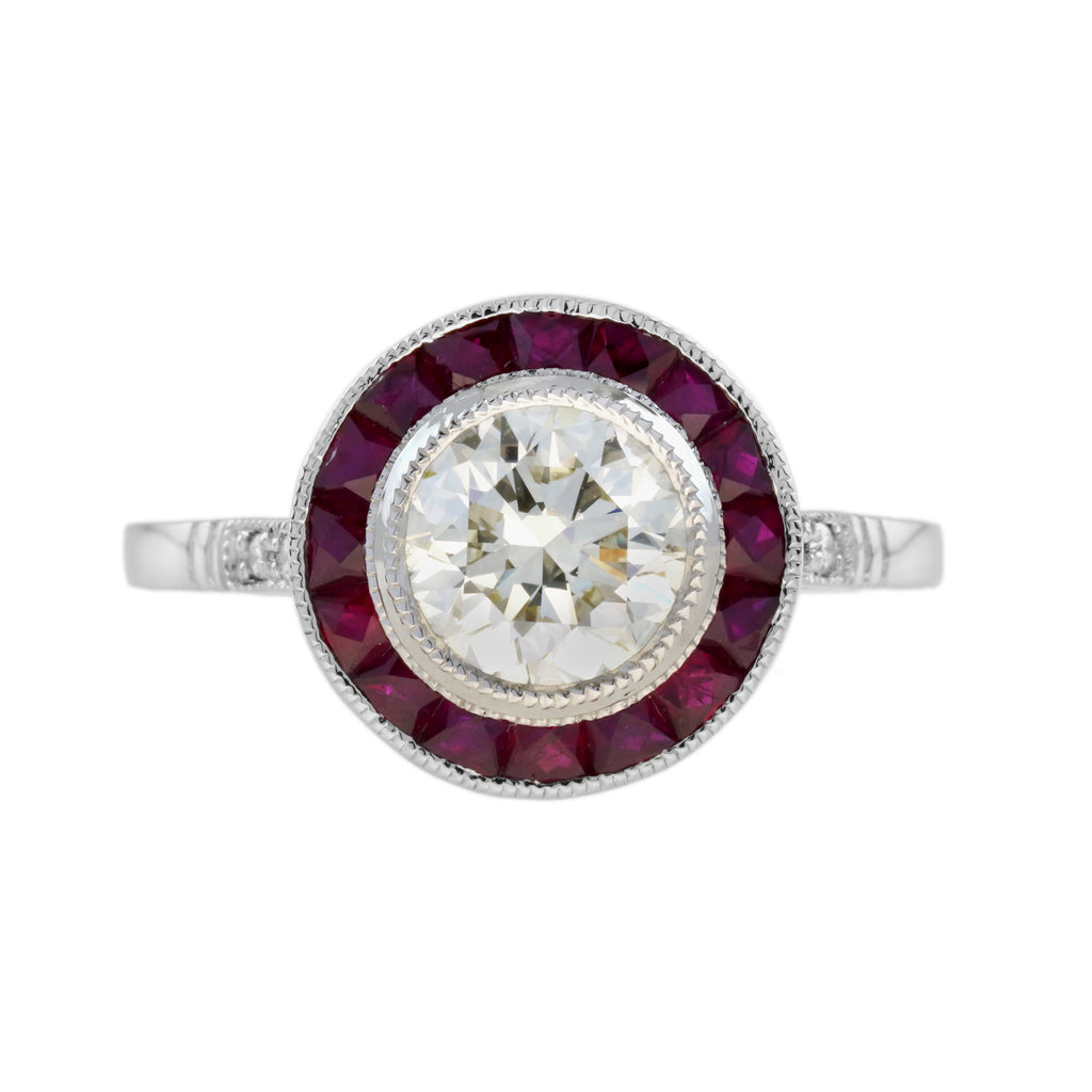 Certified Round Diamond & Red Pink Ruby Halo Set Art Deco Style Platinum Ring