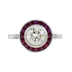 Certified Round Diamond & Red Pink Ruby Halo Set Art Deco Style Platinum Ring
