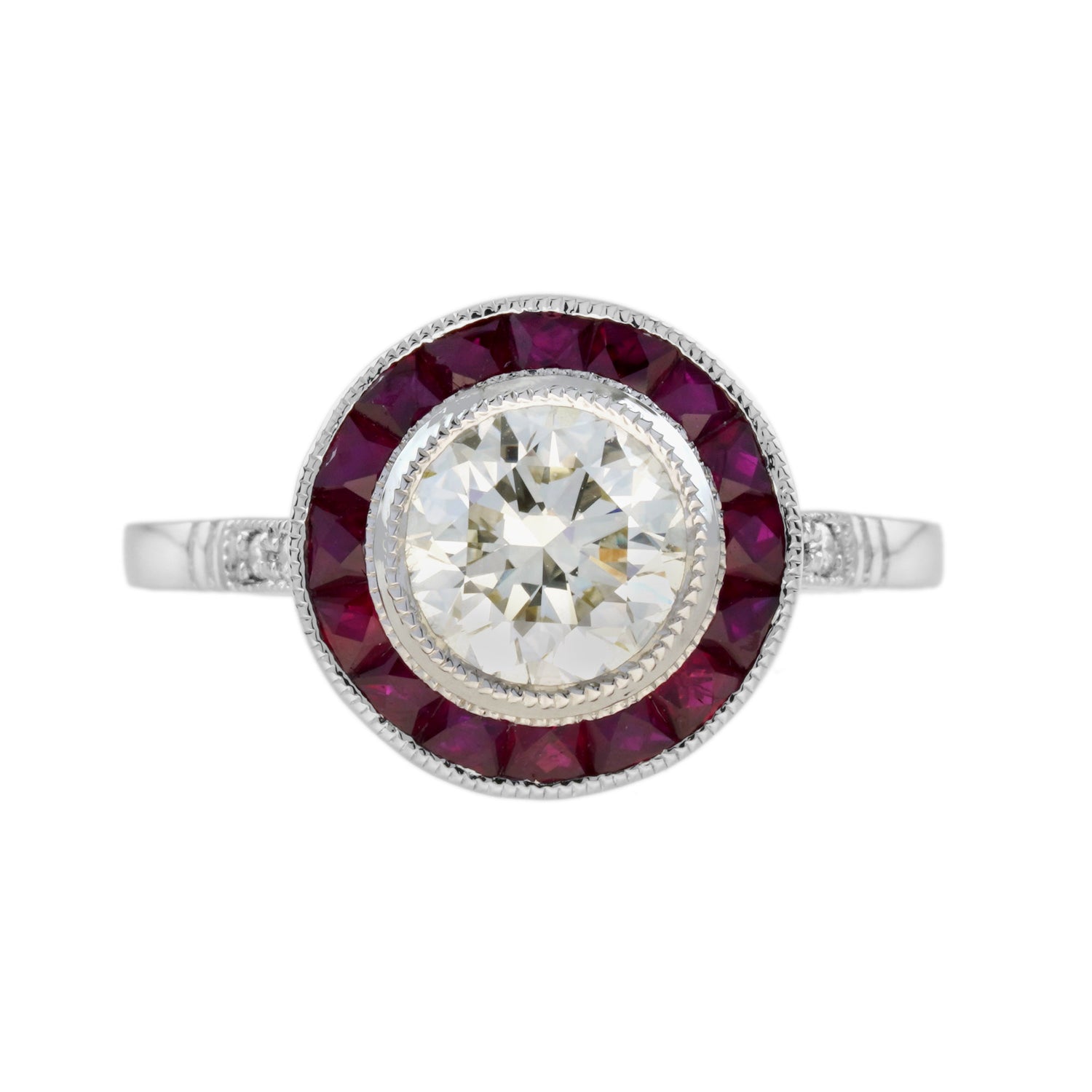 Certified Round Diamond &amp; Red Pink Ruby Halo Set Art Deco Style Platinum Ring