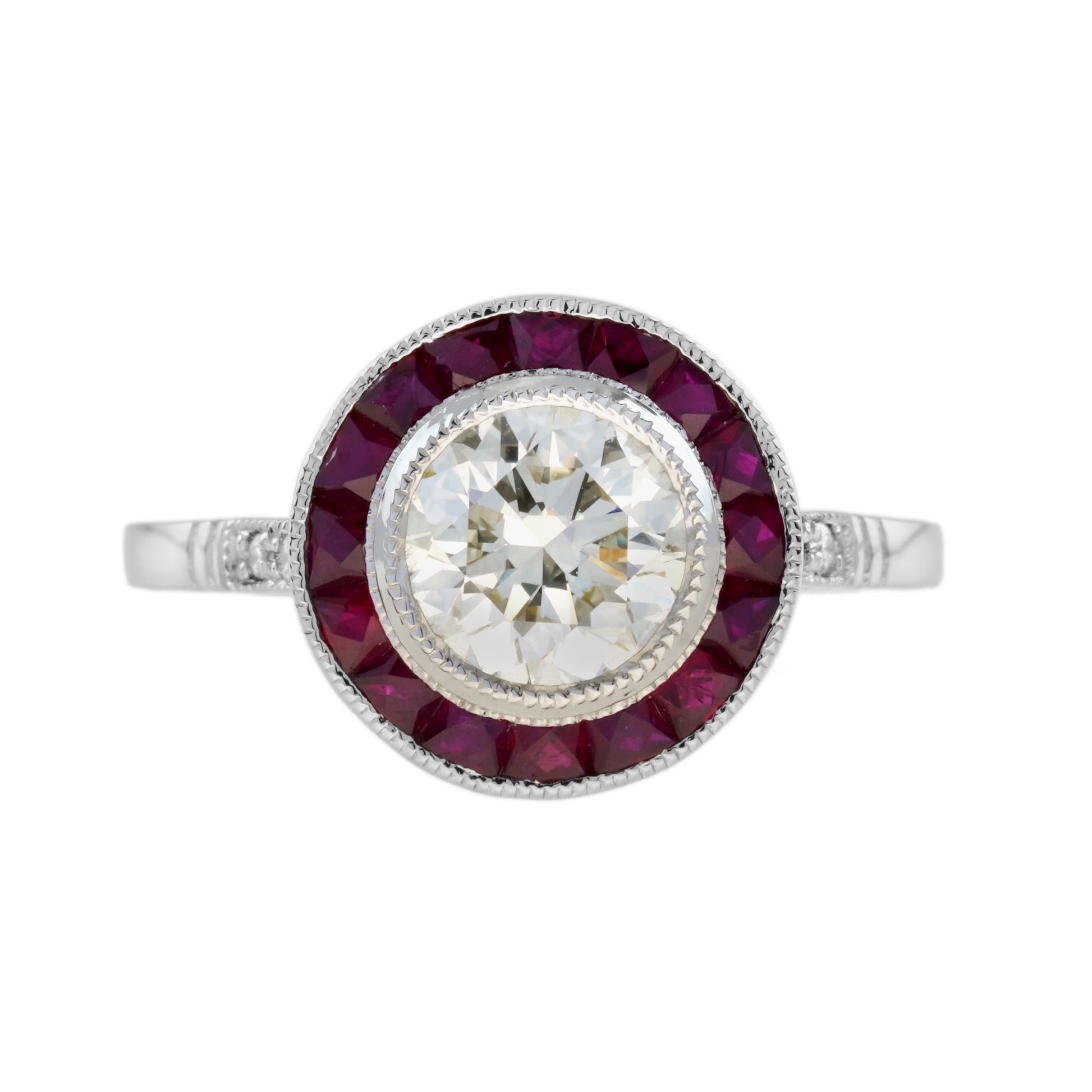 Certified Round Diamond & Red Pink Ruby Halo Set Art Deco Style Platinum Ring