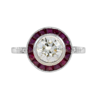 Certified Round Diamond & Red Pink Ruby Halo Set Art Deco Style Platinum Ring