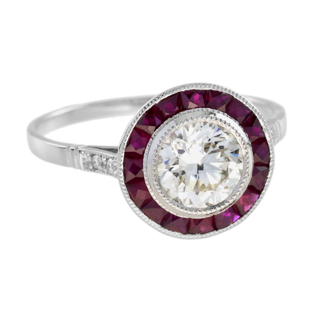 Certified Round Diamond & Red Pink Ruby Halo Set Art Deco Style Platinum Ring