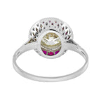 Certified Round Diamond & Red Pink Ruby Halo Set Art Deco Style Platinum Ring