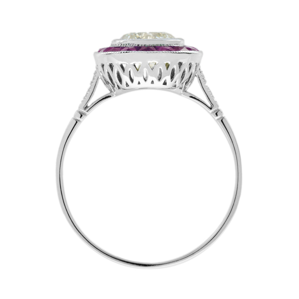 Certified Round Diamond & Red Pink Ruby Halo Set Art Deco Style Platinum Ring