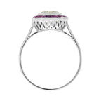 Certified Round Diamond & Red Pink Ruby Halo Set Art Deco Style Platinum Ring
