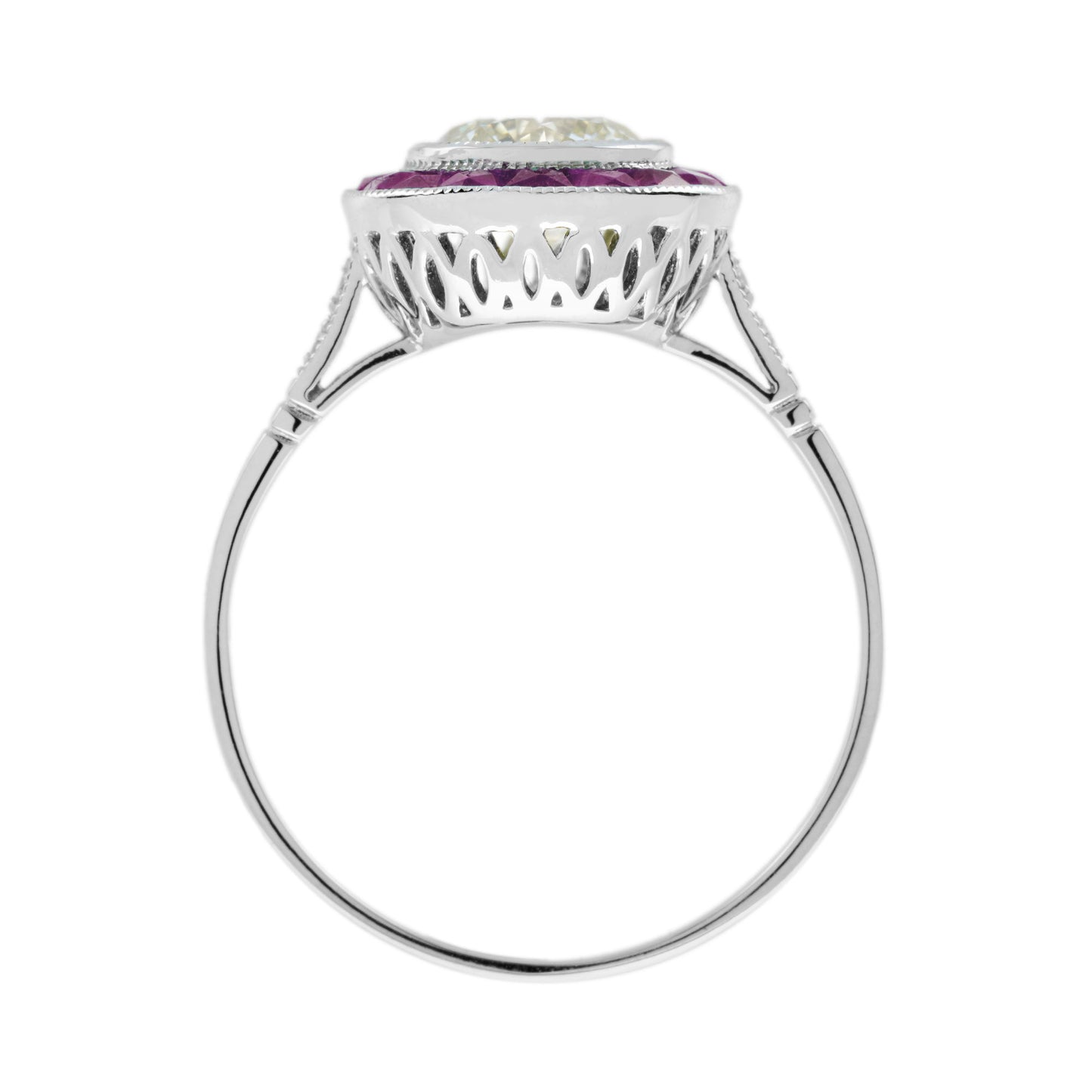certified round diamond & red pink ruby halo set art deco style platinum ring